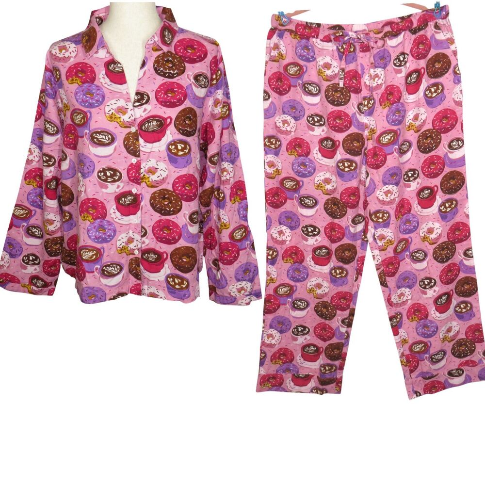 Printfresh Pink Donut Coffee Print Organic Cotton Pajamas Size Large